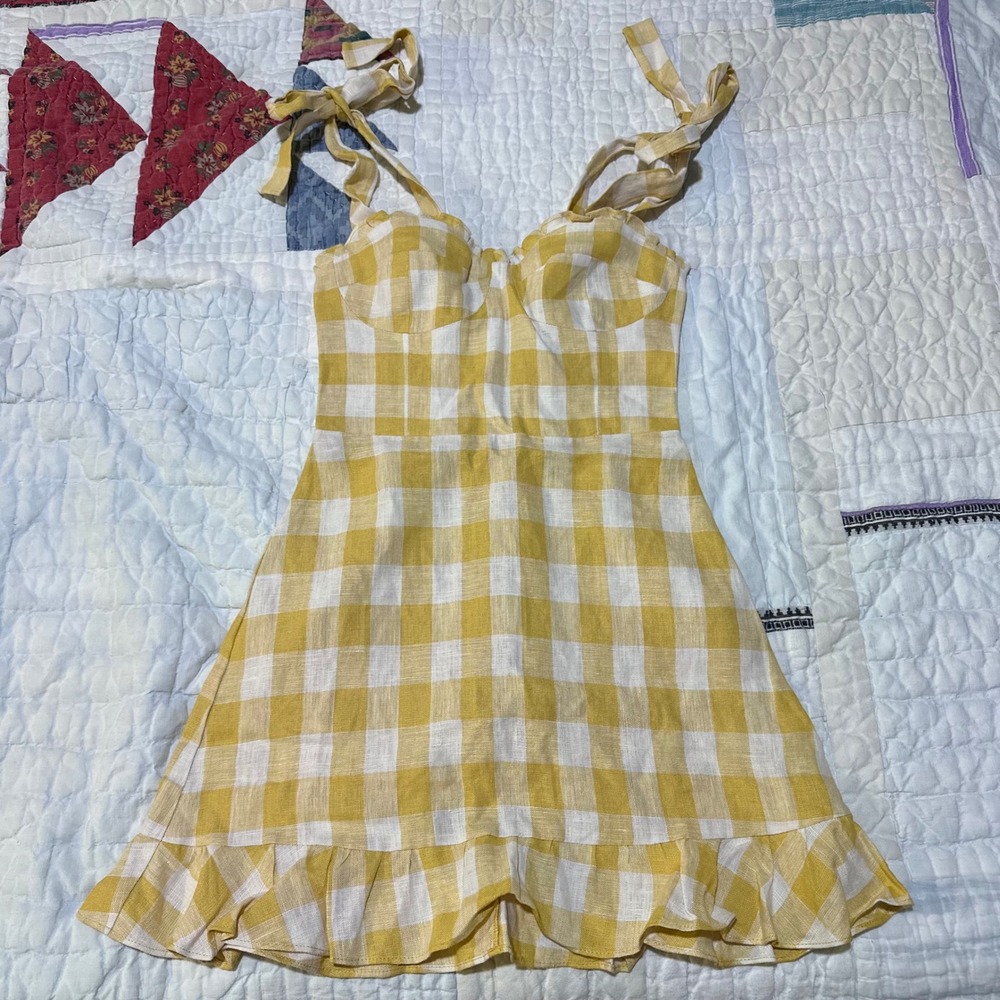 Reformation‎ Gingham Linen Mini Dress Yellow White Tie Strap Ruffle Sz 2